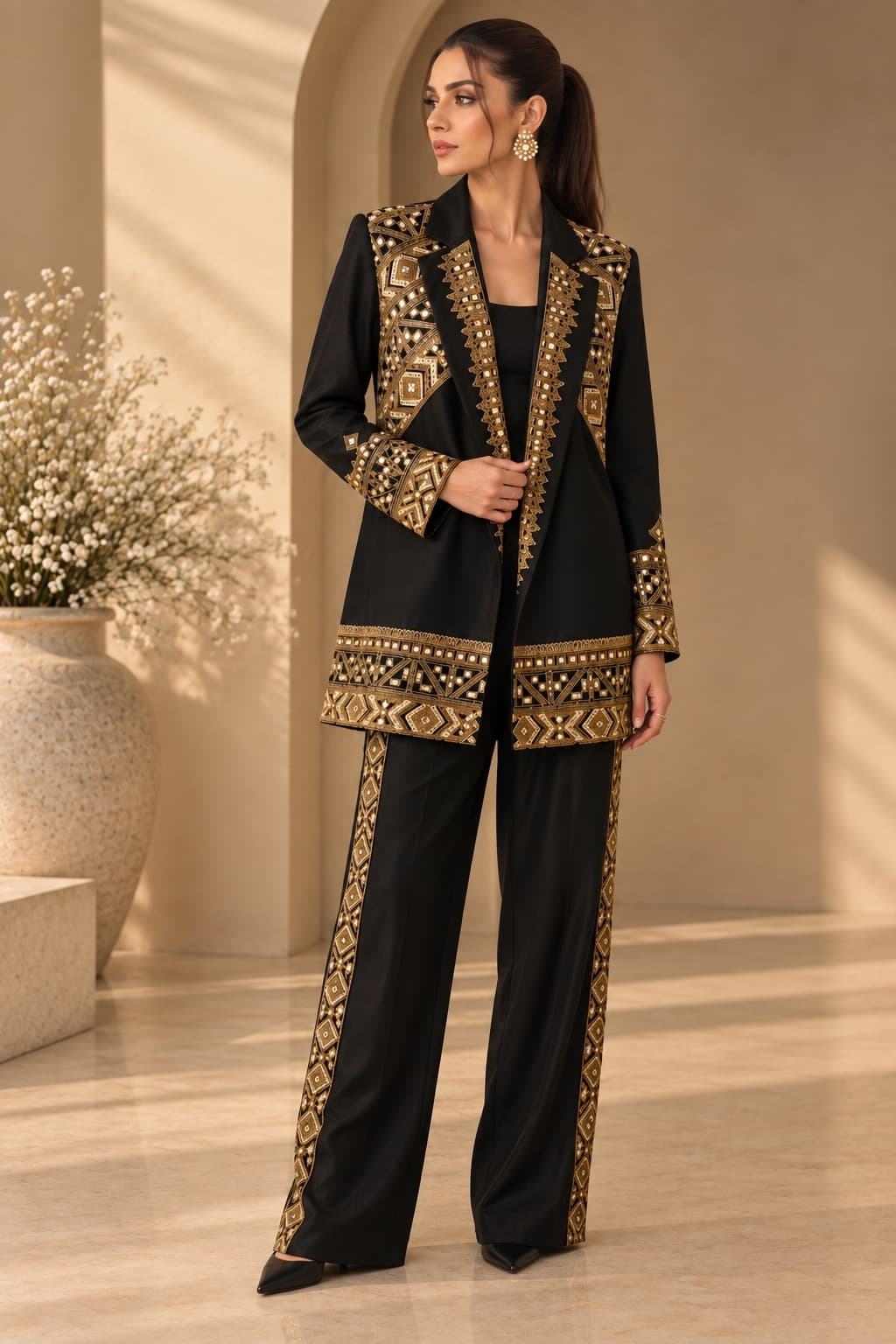 Black & Gold Embroidered Tuxedo Ensemble