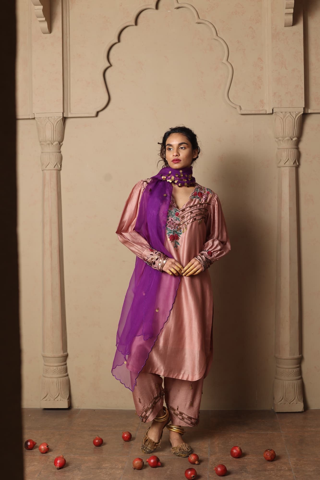 Blush Pink Embroidered Kurta Set with Purple Dupatta