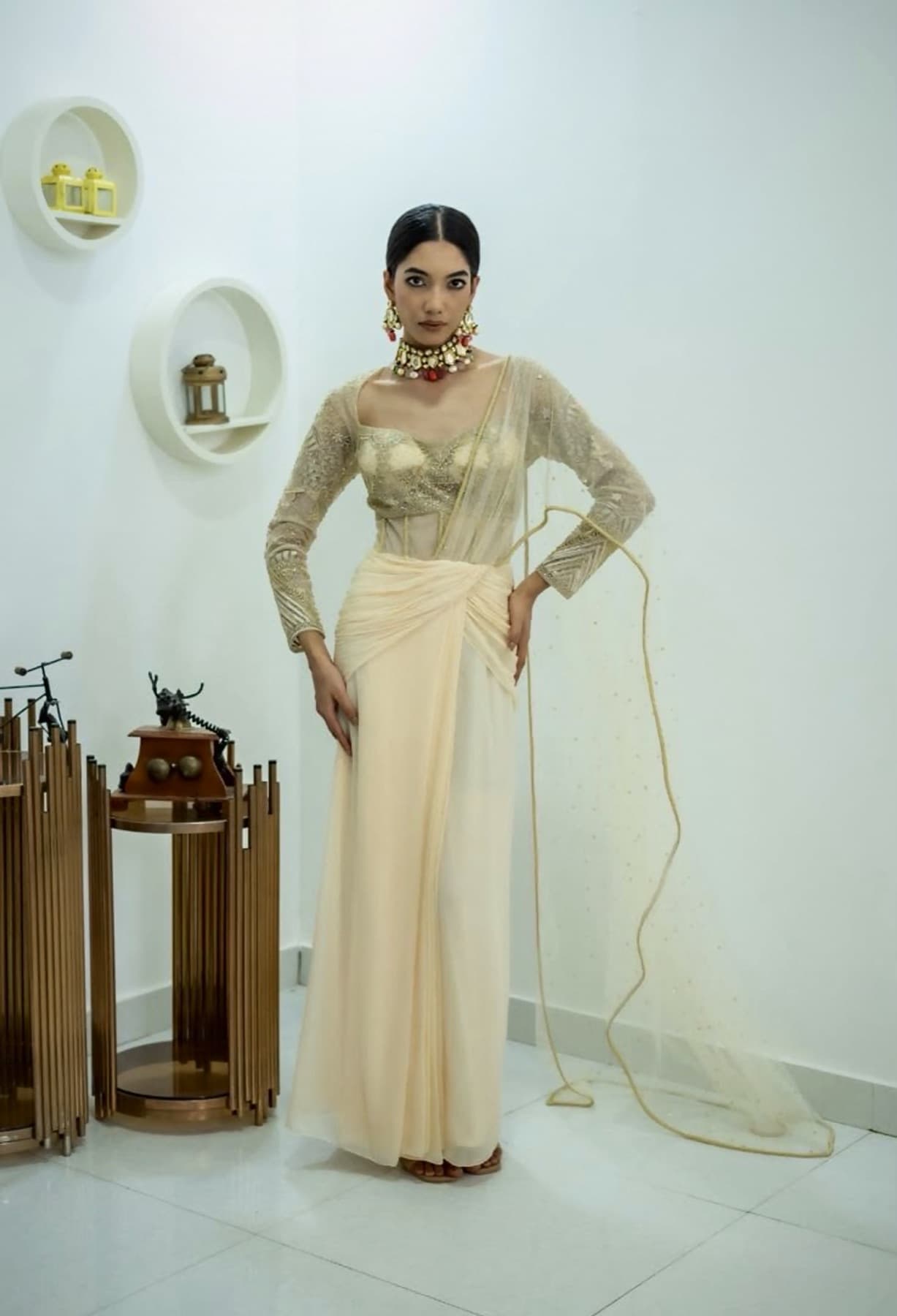 Champagne Draped Saree Silhouette