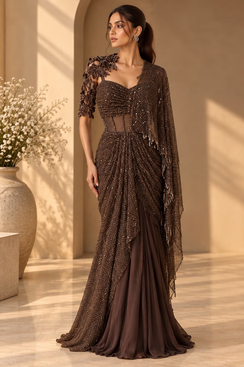 Charcoal Sequin Draped Skirt Ensemble