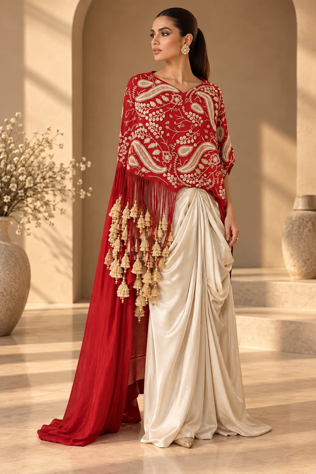 Crimson & Ivory Embroidered Draped Ensemble
