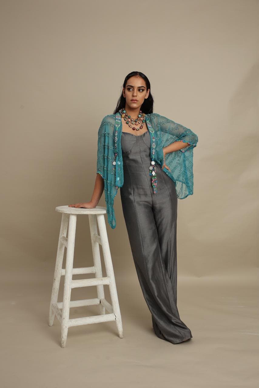 Embroidered Aqua Overlay with Metallic Grey Jumpsuit