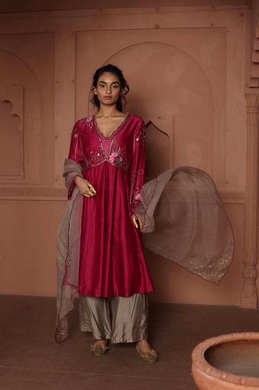 Fuchsia Embroidered Flared Kurta Set