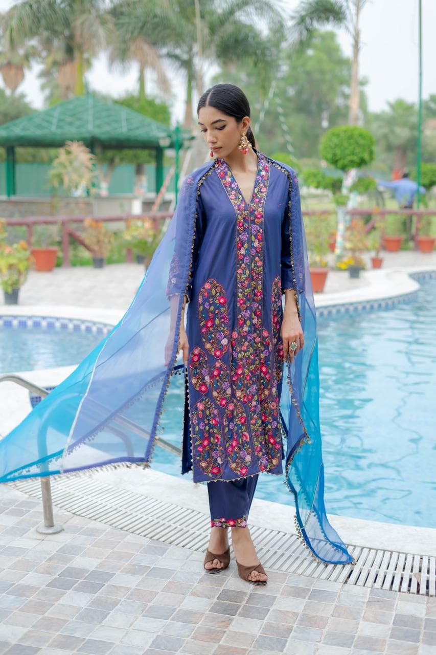 Indigo Floral Embroidered Kurta Set