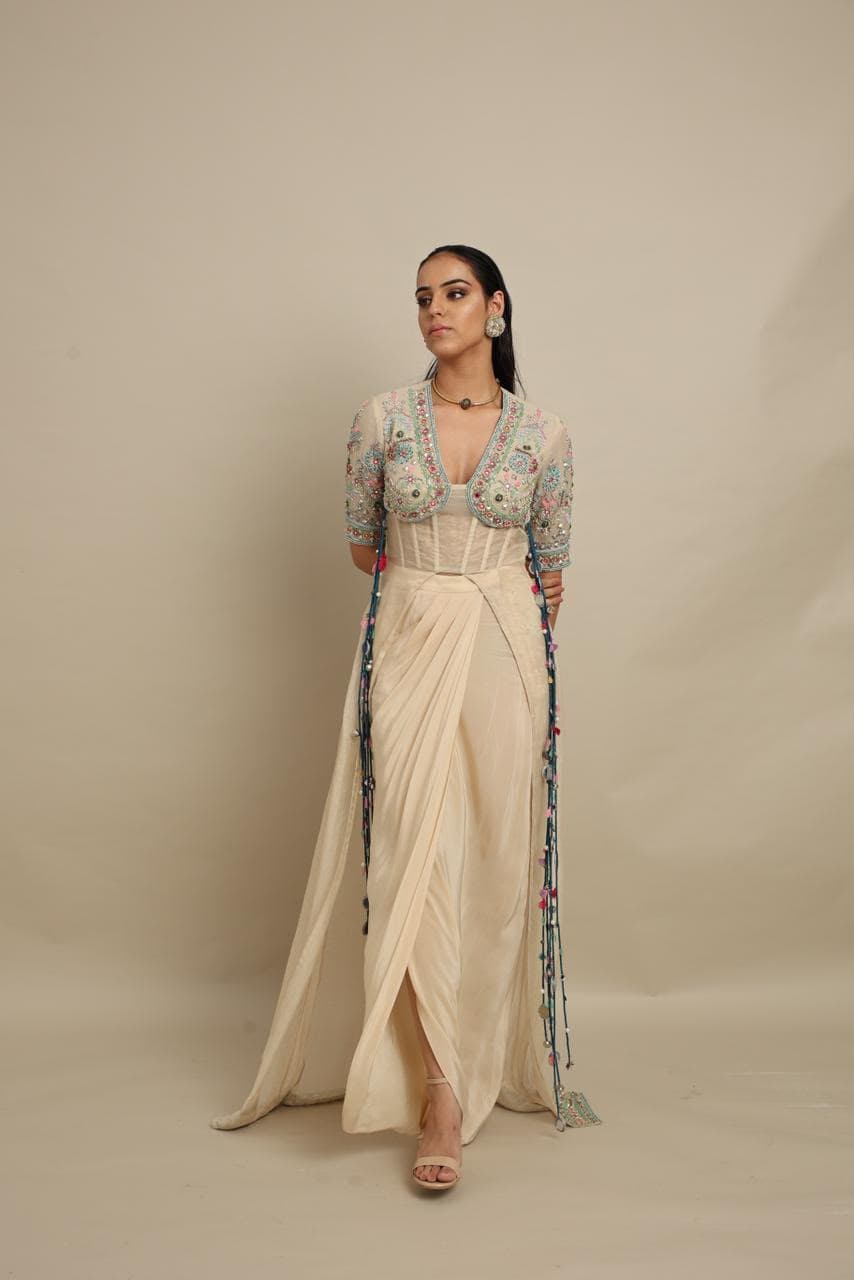 Ivory Draped Ensemble with Embroidered Jacket