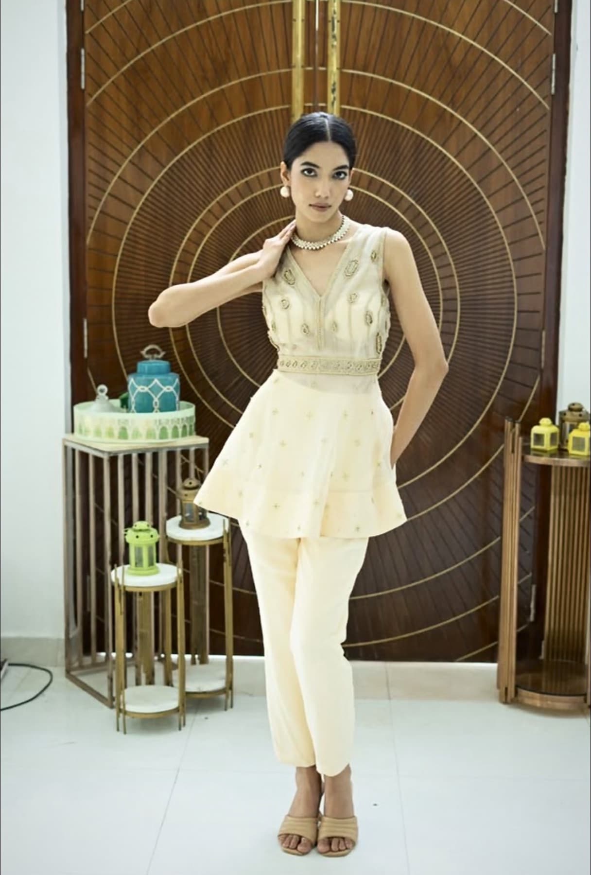 Ivory Embroidered Peplum Co-ord