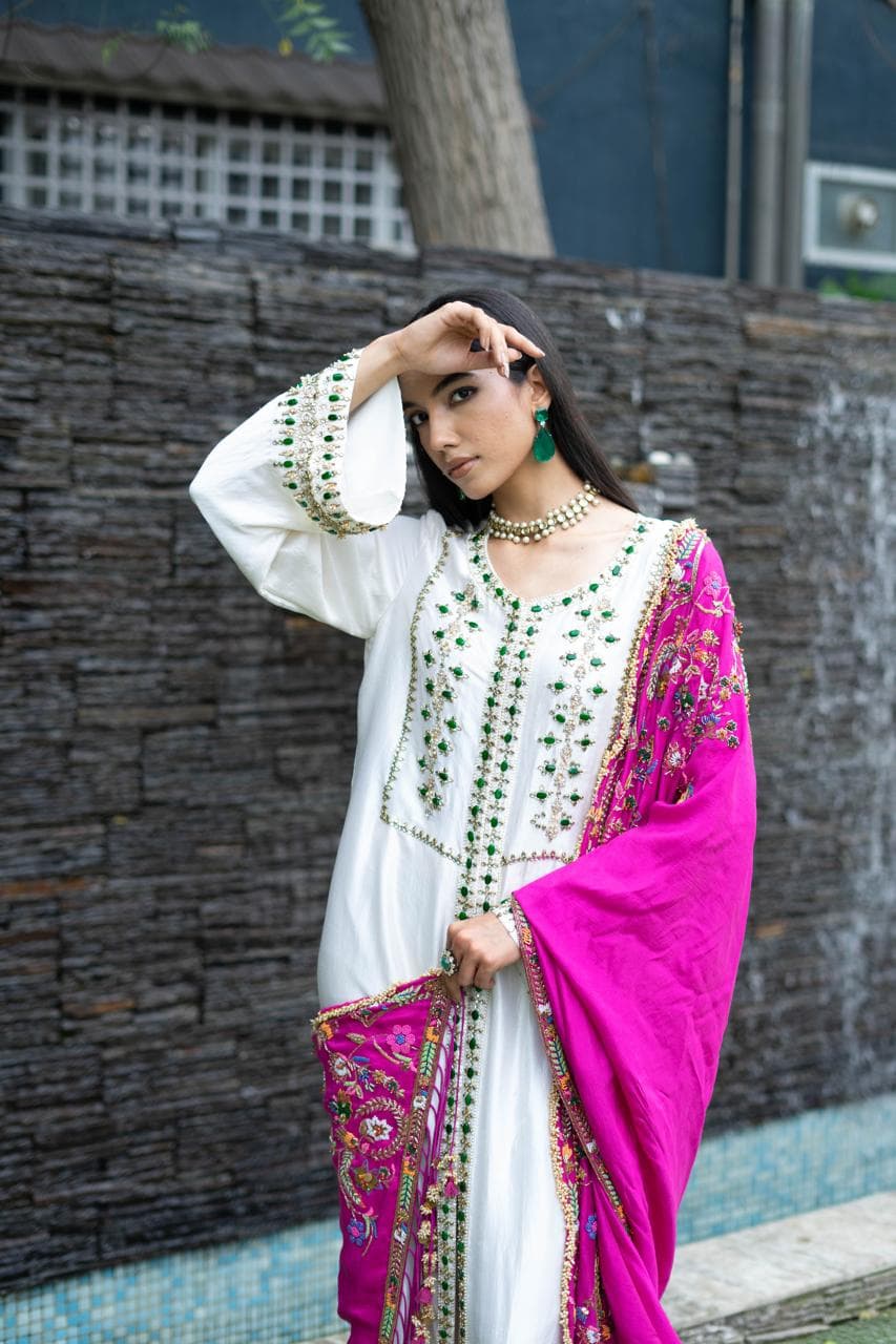 Ivory & Fuchsia Embroidered Kurta Set