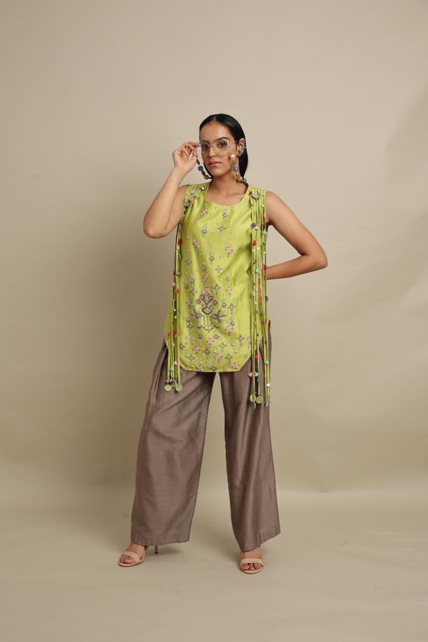 Lime Embroidered Tunic & Draped Trousers Set