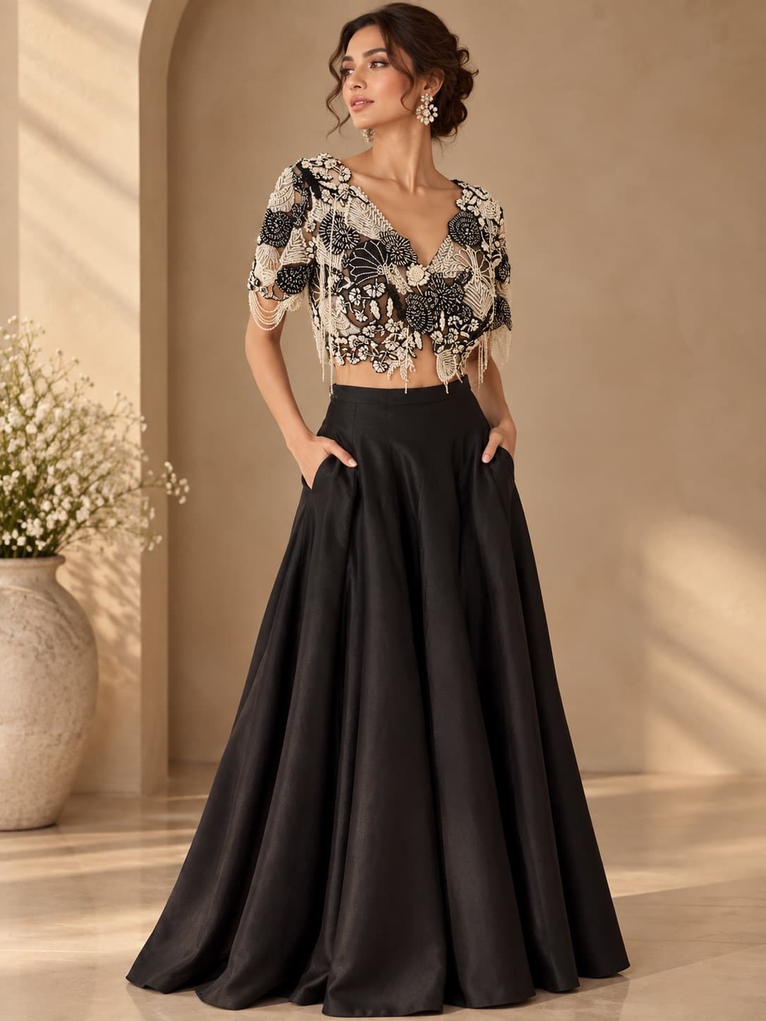 Monochrome Floral Embroidered Blouse & Skirt