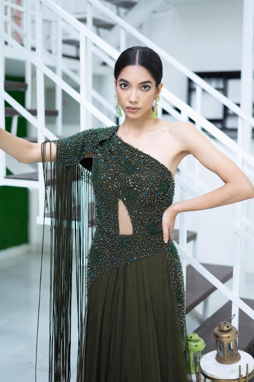 Olive One-Shoulder Embellished Draped Gown