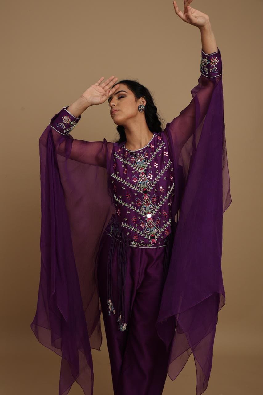 Plum Embroidered Co-Ord with Sheer Cape