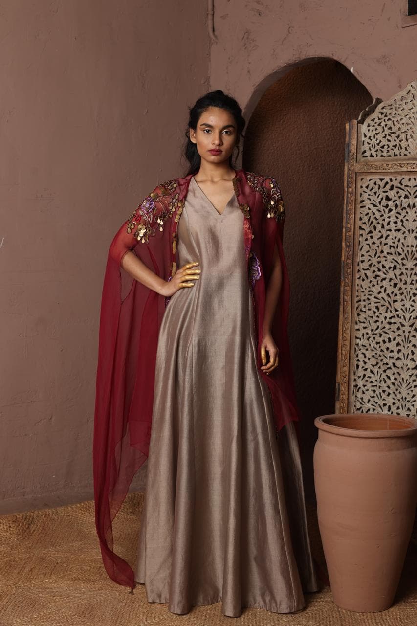 Taupe Draped Dress with Wine Embroidered Cape