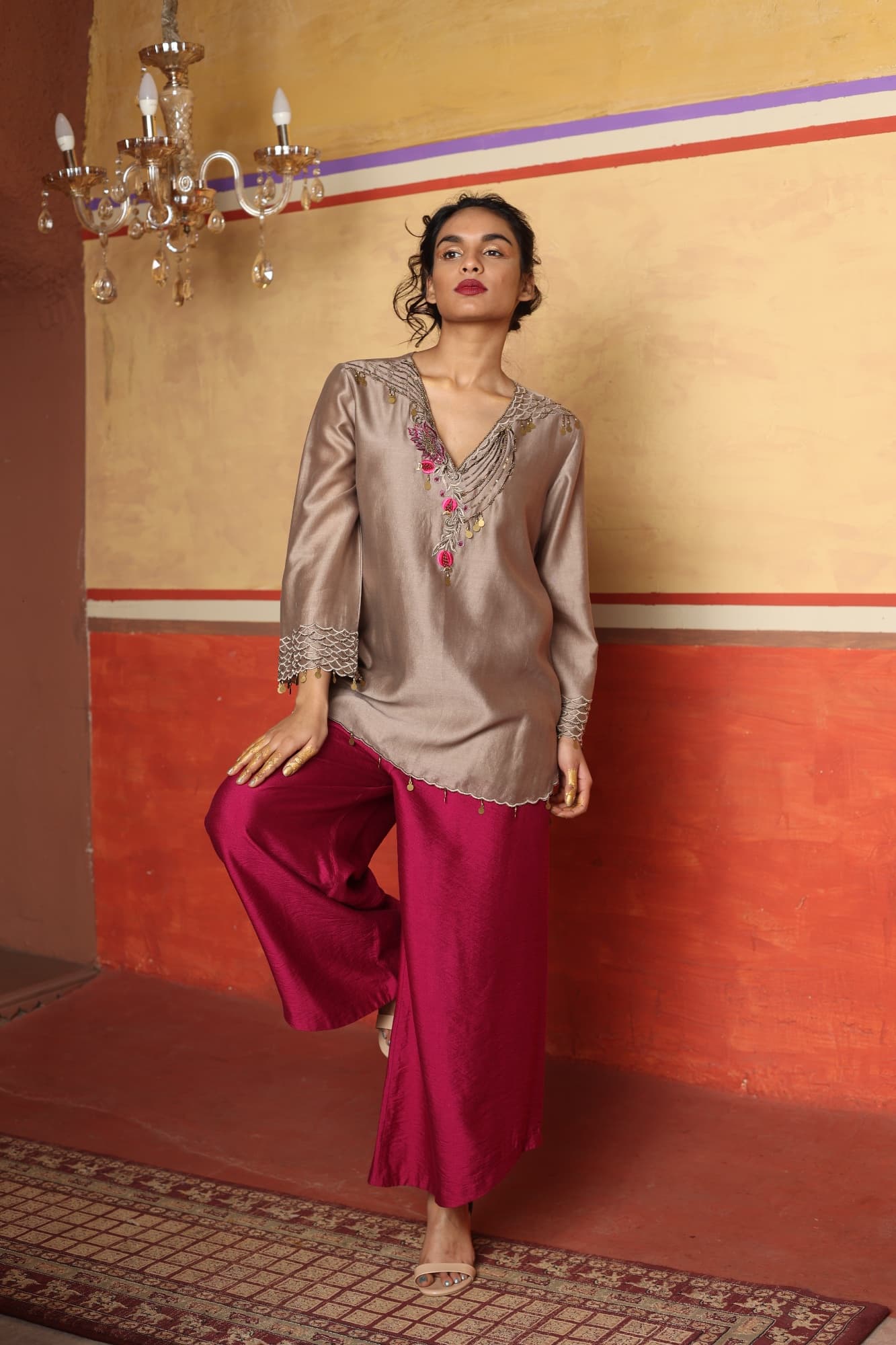 Taupe Embroidered Tunic with Fuchsia Trousers
