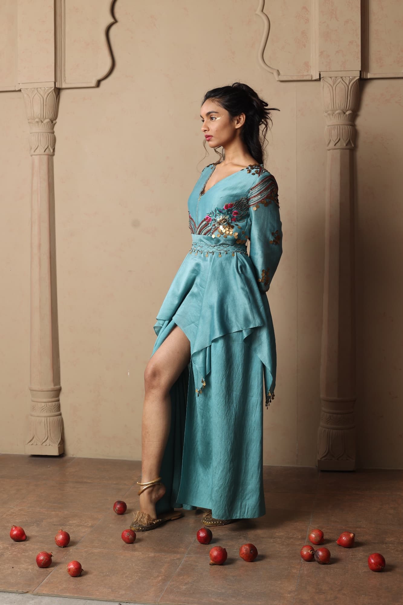 Turquoise Draped Asymmetric Gown