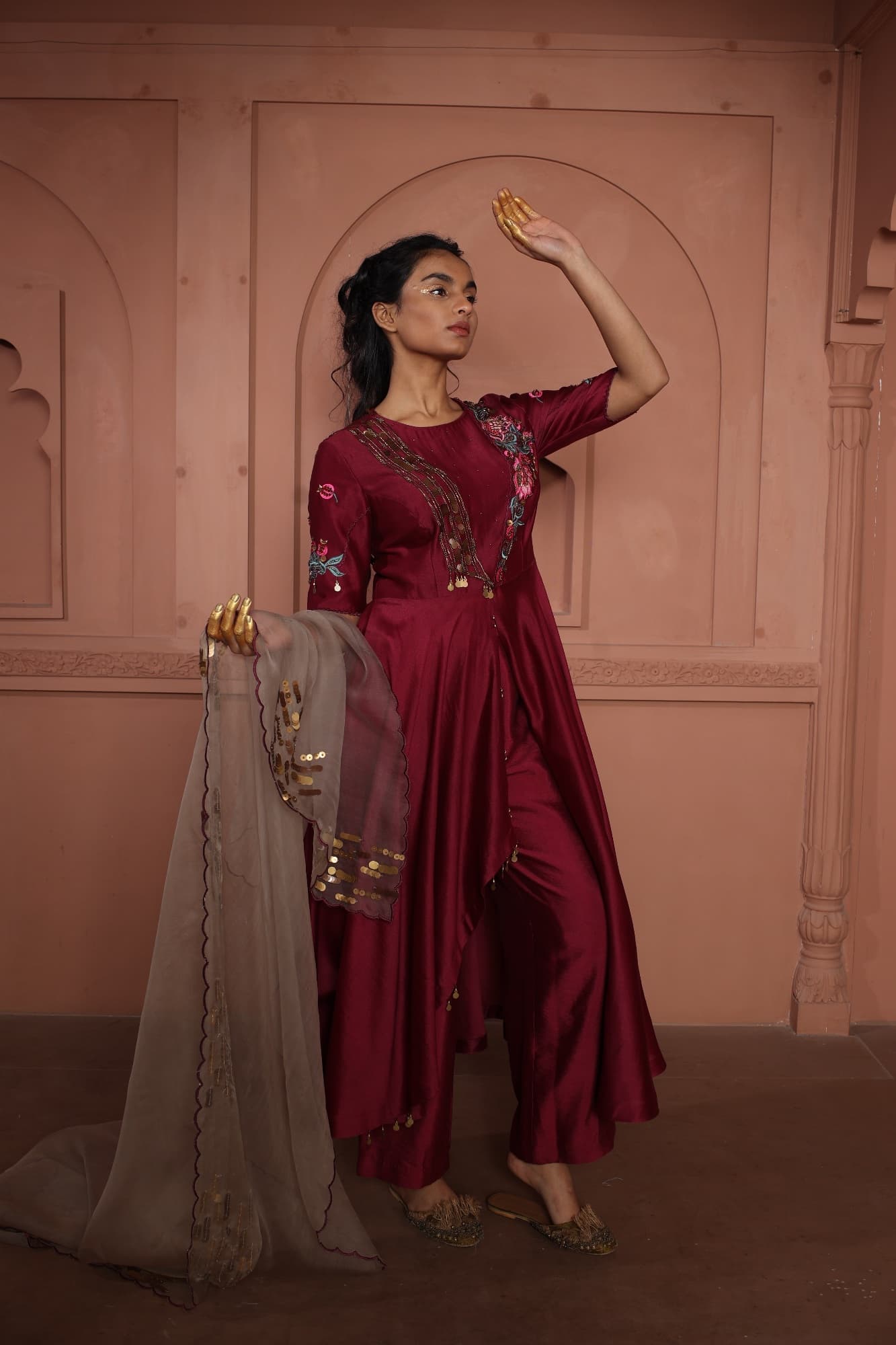 Wine Draped Dress with Embellished Dupatta